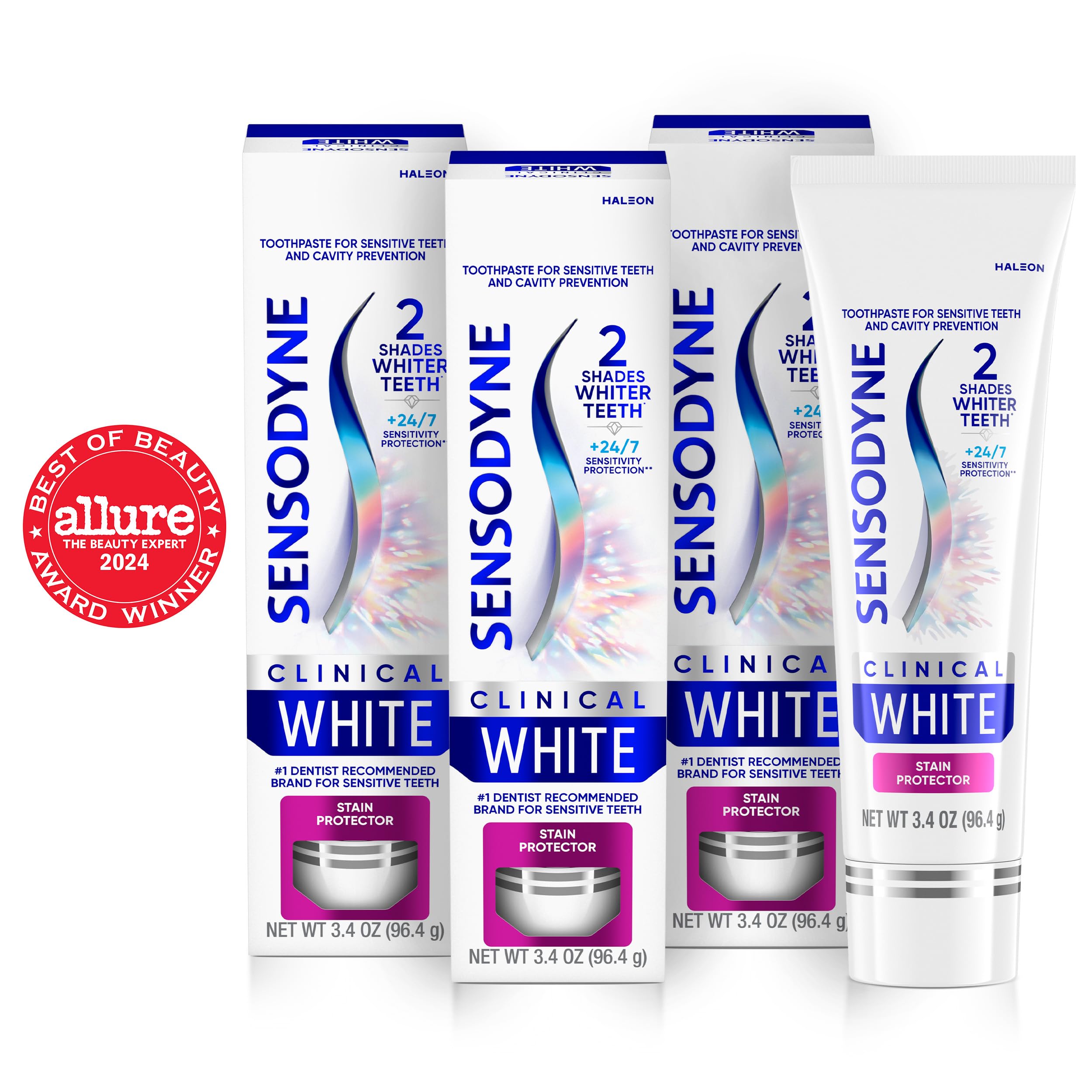 Sensodyne Clinical White Toothpaste Clinically Proven Whitening for Sensitive Teeth, Stain Protector, 3.4 oz x 3