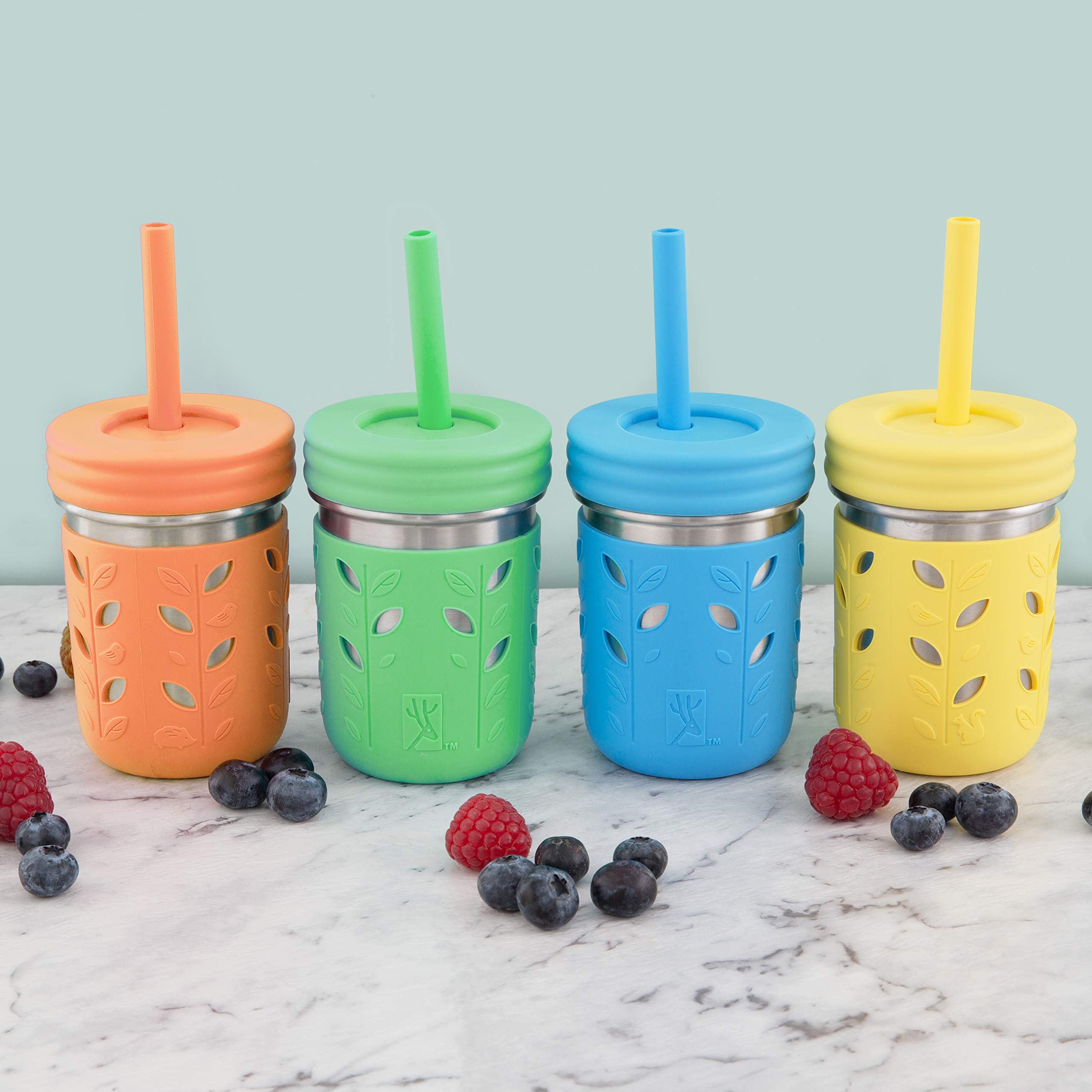 Elk and Friends 10oz Stainless Steel Kids + Toddler Drinking Cups | The Original Mason Jars with Lids + Sleeves + Straws | Smoothie Cups | Spill Resistant | Dishwasher Safe | 4 Pack