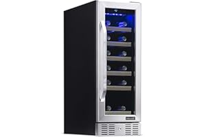 NewAir 12" Built-In or Freestanding 19 Bottle Wine Fridge, Bar Cabinet Mini Wine Cooler with Beech Wood Shelves, Stainless Steel Wine Cellar for Red, White, and Sparkling Wine