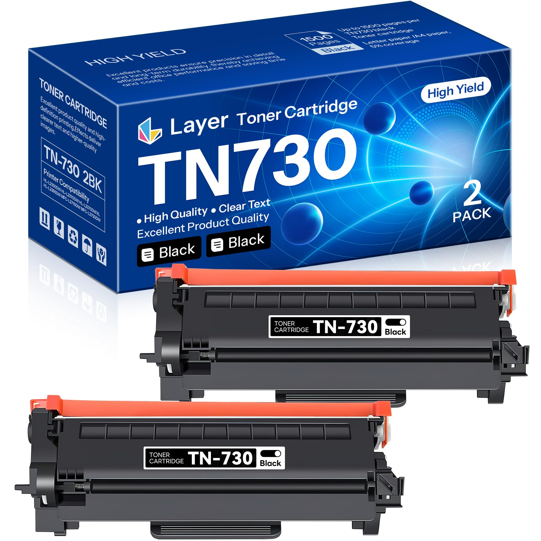 Photo 1 of TN-730 TN730 Black Toner Cartridge Compatible TN 730 Replacement for Brother TN730 DCP-L2550DW HL-L2350DW HL-L2370DW HL-L2390DW MFC-L2710DW MFC-L2750DW Printer(2 Pack)