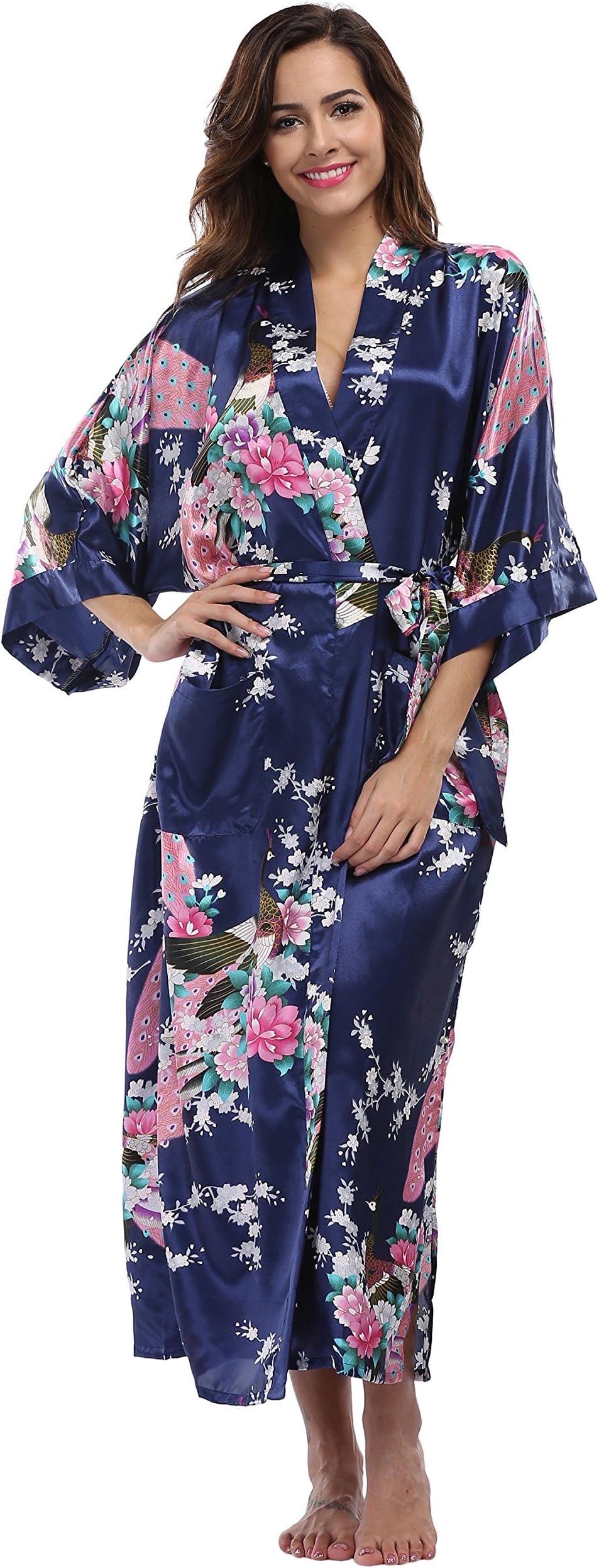 Women's Long Satin Kimono Robes Pure Color Silk Kimono Bathrobes with Oblique V-Neck for Wedding