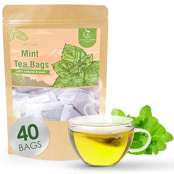 NHAT ANH FARM – PREMIUM PEPPERMINT TEA BAGS, 40 PEPPERMINT TEA BAGS, 100% NATURAL DRIED MINT LEAVES, NATURALLY SWEET HERBAL TEA, SUGAR-FREE, CAFFEINE-FREE, NO ADDITIVES.