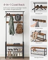 VASAGLE Coat Rack with Shoe Storage Bench 4 in 1 Industrial Rustic Brown view 3