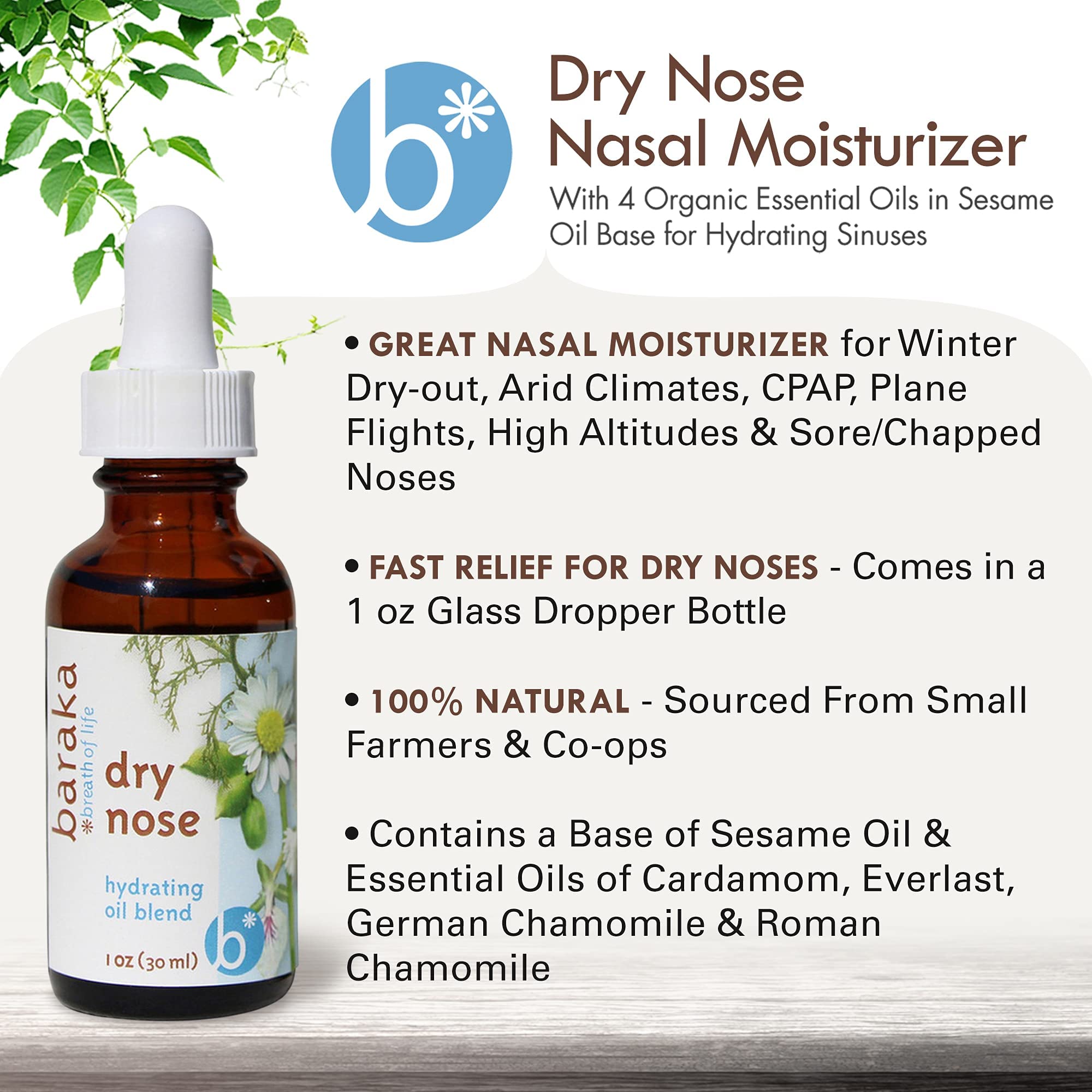 Baraka Dry Nose Nasal Moisturizer - Organic Essential Oils (Cardamom, Everlast, German & Roman Chamomile) in Sesame Oil Base - Hydrating Sinuses & Dry Nose - (1 oz Dropper Bottle)