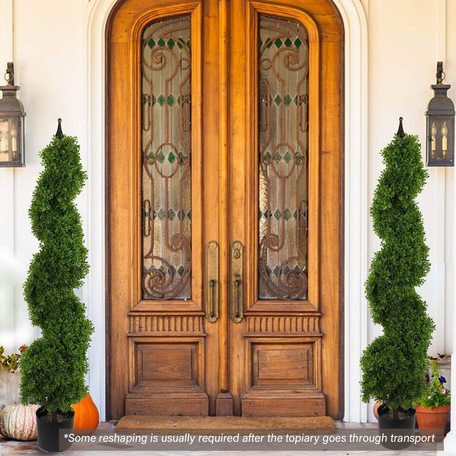 Houseables Artificial Boxwood Topiary, Fake Spiral Trees, 2 Pack, 4’, Plastic Plants, Outdoor Porch Décor, Faux Potted Bushes, Indoor Ornamental Tree, with Finial, for Front Door, Tall Entryway Shrubs -