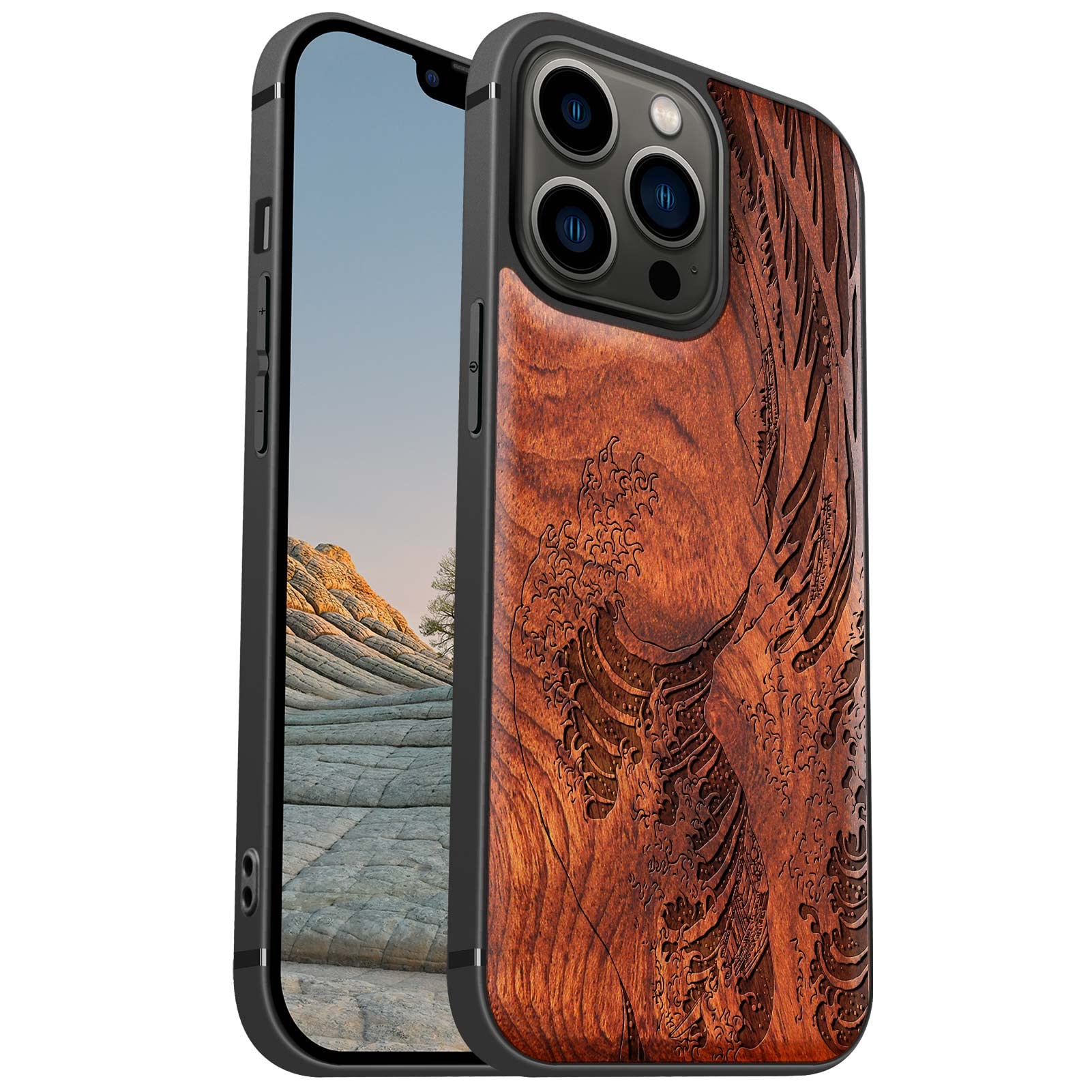 Carveit Magnetic Wood Case for iPhone 13 Pro Case [Hard Real Wood & Soft TPU] Shockproof Protective Cover Wooden Design Bumper Case Compatible with MagSafe (Wave Kanagawa-Rosewood)