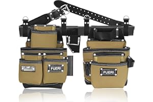 FUERI Nylon & Leather Tool Belt for Men | Heavy Duty Tool Bag set with 2 Pouches, Plier Holder, Foam Padded Work Belt & 4 Suspender Loops for Framers Carpenters Electrician and Construction Tools