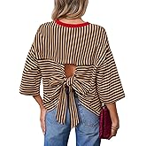 Dokotoo Womens Tops 2026 Striped Tie Back Short Sleeve T Shirts Crewneck Casual Loose Basic Tee Summer Outfits