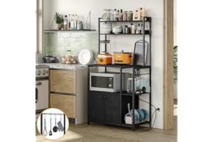 Furniouse 5-Tier Kitchen Bakers Rack with Power Outlet, Industrial Microwave Oven Stand with Storage, Kitchen Bakers Rank with Cabinet, Kitchen Hutch, Standing Kitchen Storage Rack (Black)