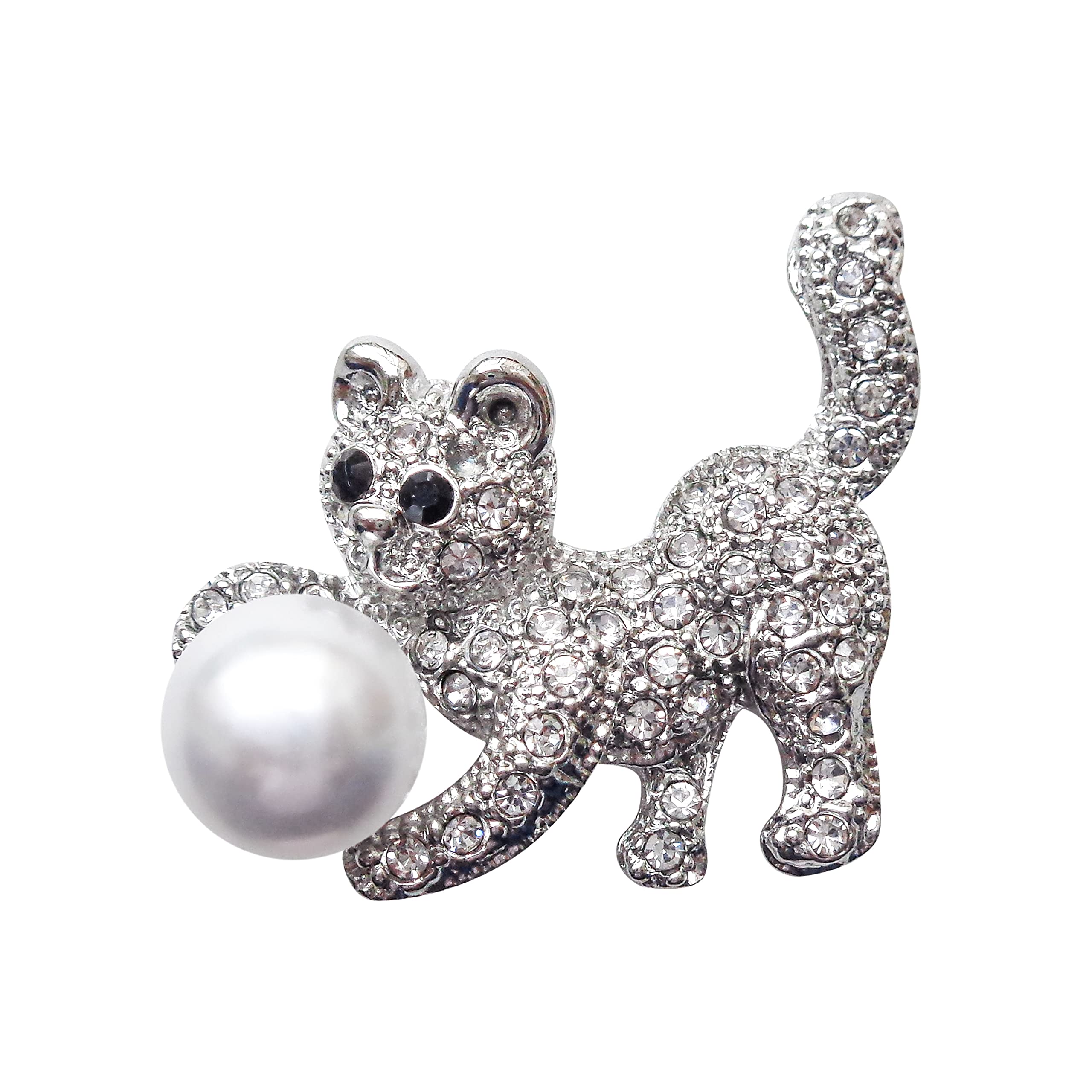 Navachi 18k White Gold Plated Clear Crystal Pearl Cat Az7123b Brooch Pin