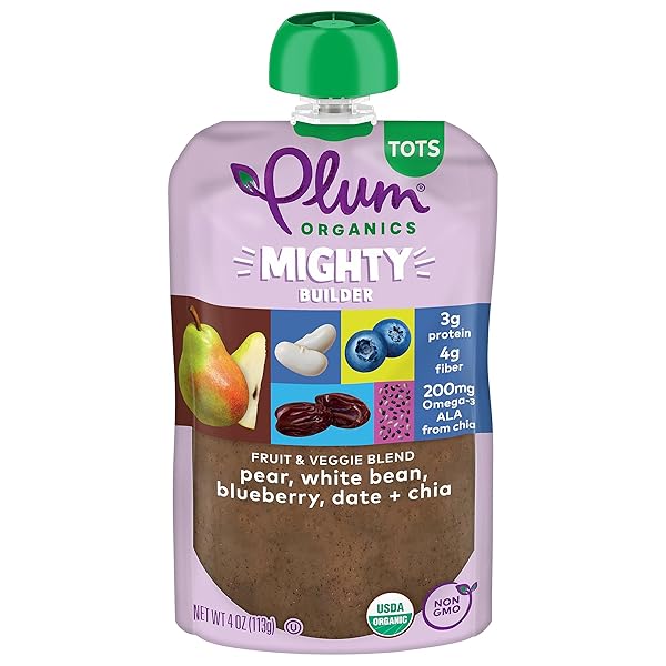 PLUM ORGANICS ORGANIC MIGHTY PEAR BEAN BLUEBERRY DATE CHIA, 4 OZ