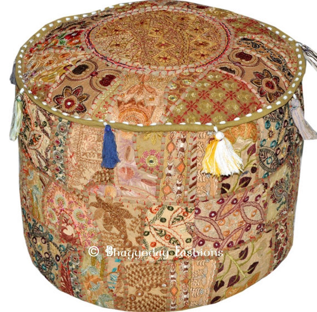 Radhykrishnafashions Vintage Embroidered Pouf Ottoman Footstool Cover Indian Round Ottoman Stool Pouf Pillow, Ethnic Embroidered Pouf Cover, Pouffe Ottoman Pouf Cover Pillow Ethnic Decor Art (Beige)