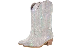 Richealnana Sparkly Rhinestones Cowboy Cowgirl Style Boots Calf High Boots for Women 2INCH Heeled Shining Pull On Tabs