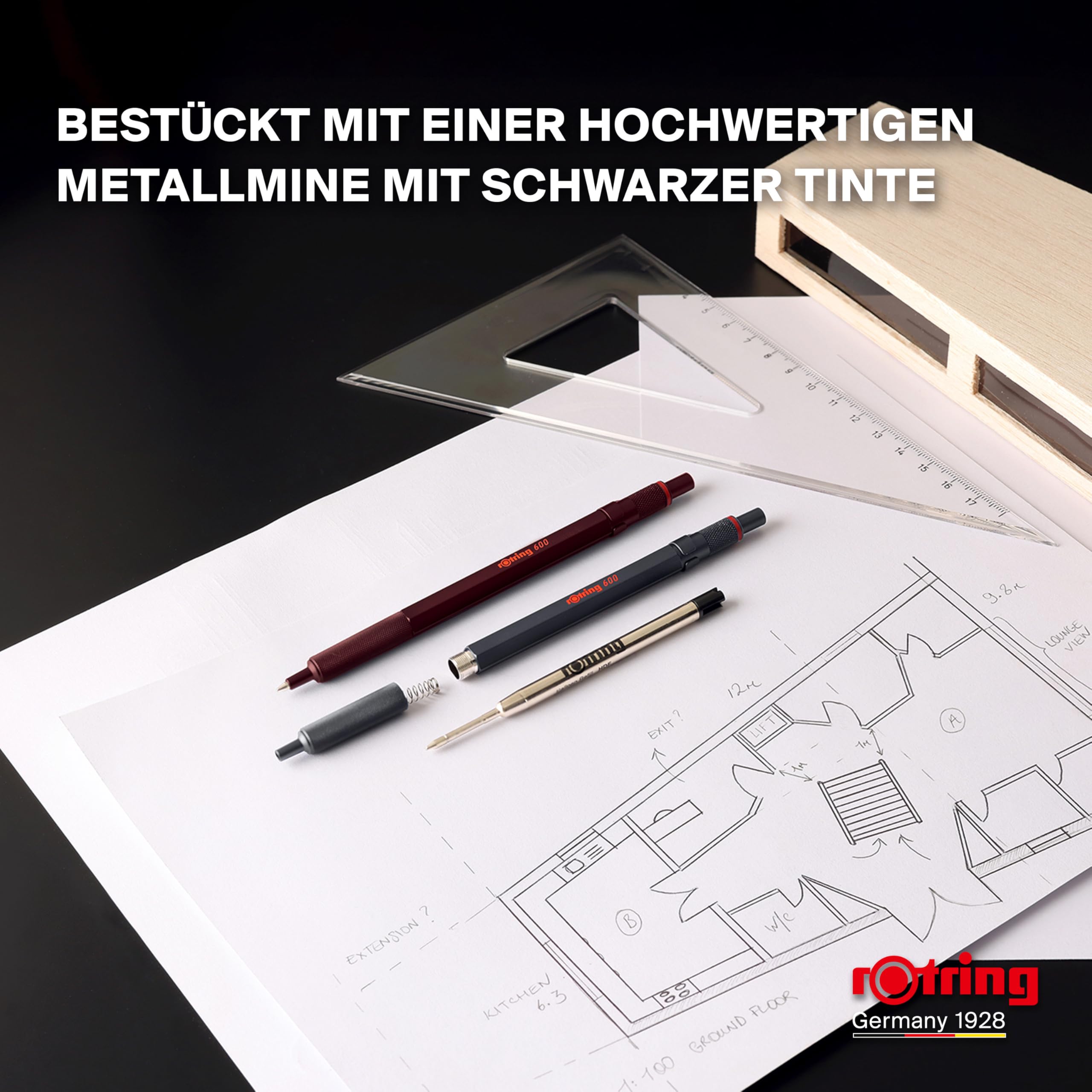 rOtring 600 Kugelschreiber | Mittlere Spitze | Schwarze Tinte | Stift mit Vollmetallschaft | Schokoladenbraun | Rutschfeste, gerändelte Griffzone und Sechskantschaft | Nachfüllbar 6