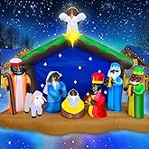 Black Santa Christmas Decorations, 8 Ft Long African American Christmas Inflatable Black Nativity Scene Outdoor Decoration, Blow Up The Birth of Jesus Set with Angel Built-in LEDs Xmas Yard Decor