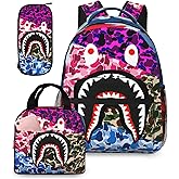 YBYGBB Backpack Shark Teeth Camo Backpacks Set with Lunch Box Pencil Case Travel Laptop Daypack Big Capacity Bookbag Fashion Durable Back Pack MultipleColour