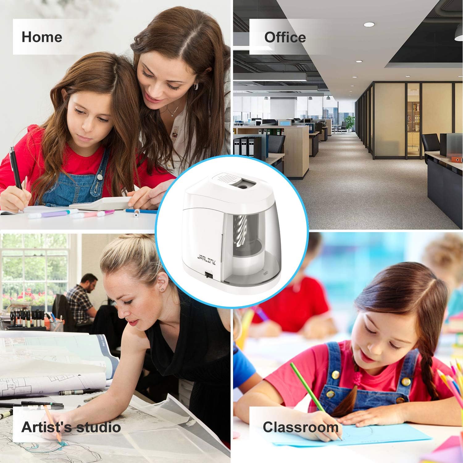 JARLINK Electric Pencil Sharpener, Heavy-Duty Battery Operated Pencil Sharpener for School Classroom Office, Auto Stop for No.2/Colored Pencils(6-8mm), White : Office Products