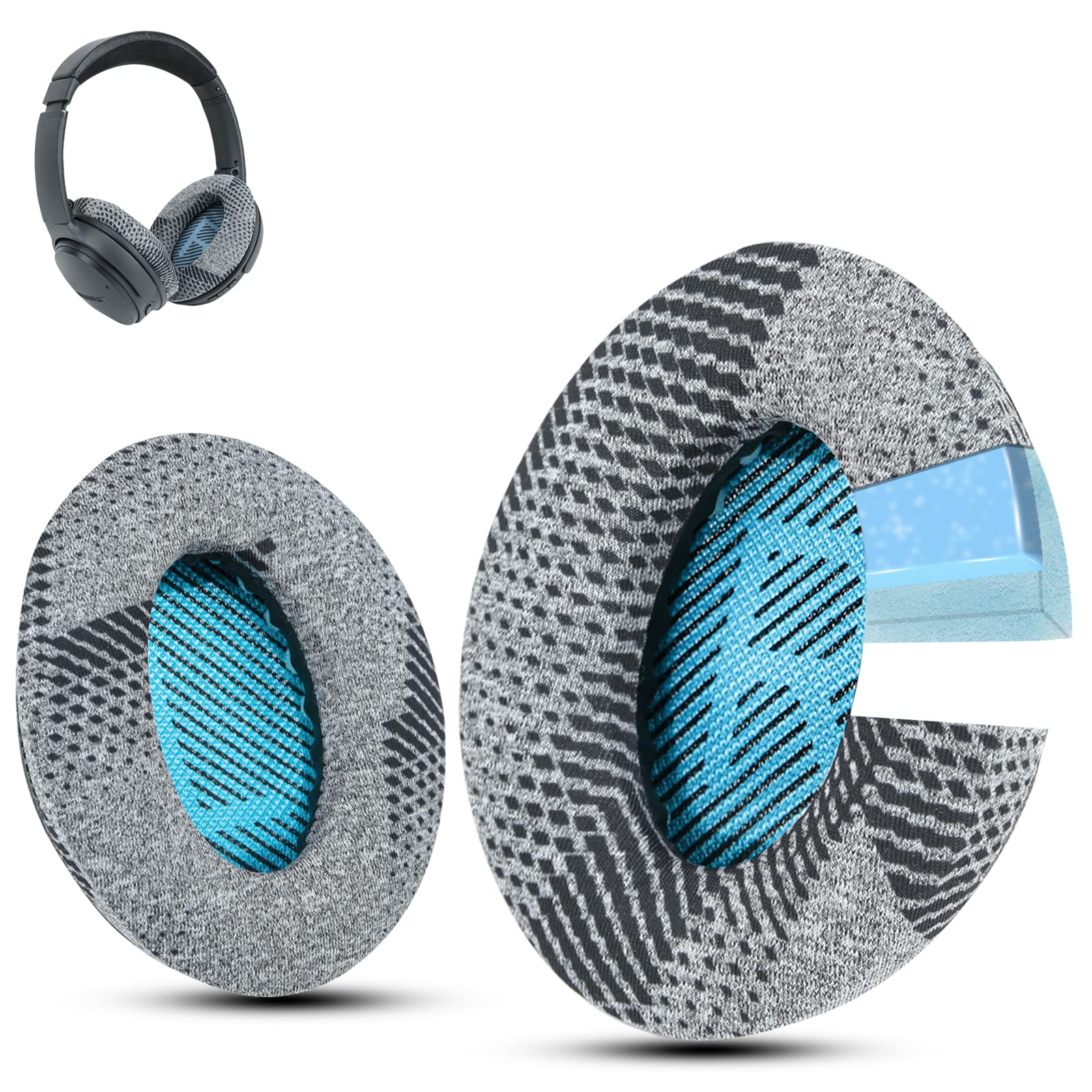 Krone Kalpasmos Instant-Chill Professional Bose Headphones Ear Pads, Fits Bose QuietComfort 35 ii /QC35 /QC25 /QC2 /QC15 /Ae2 /Ae2i /Ae2w /SoundTrue & SoundLink(Over-Ear), Cooling-Gel, by – Blue Scrim — image 1