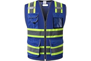 HATAUNKI Retro-Reflection Safety Vests Heavy Duty Blue Mesh with 11 Pockets and Front Zipper ANSI/ISEA 107-2015 (Blue-11,2X-large)
