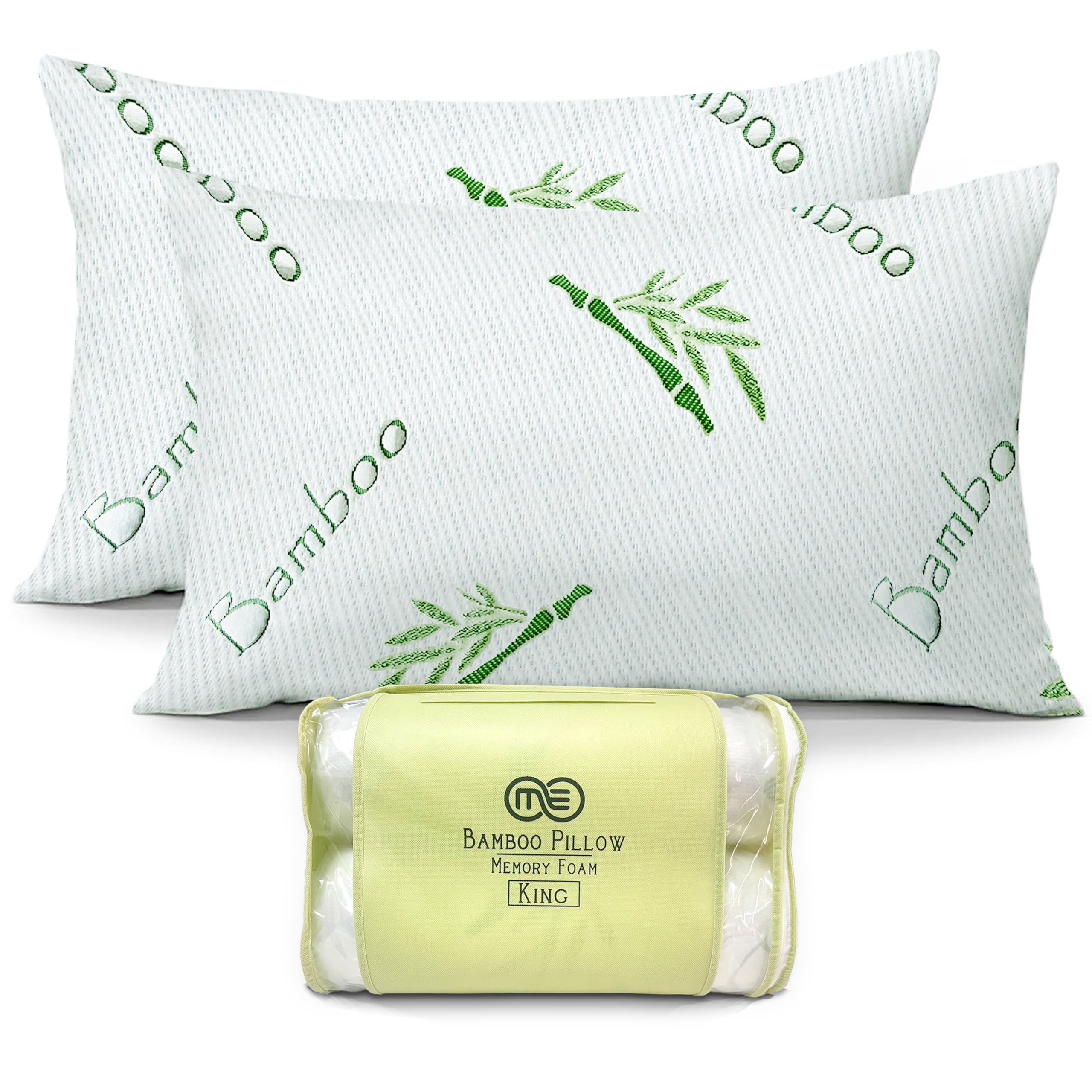 OMEO 2 Pack King Size Rayon Derived from Bamboo Pillow for Sleeping Shredded Memory Foam Bed Pillows for Side, Back and Stomach Sleepers, Soft, Cooling, Adjustable and Washable Cover 20" x 36"