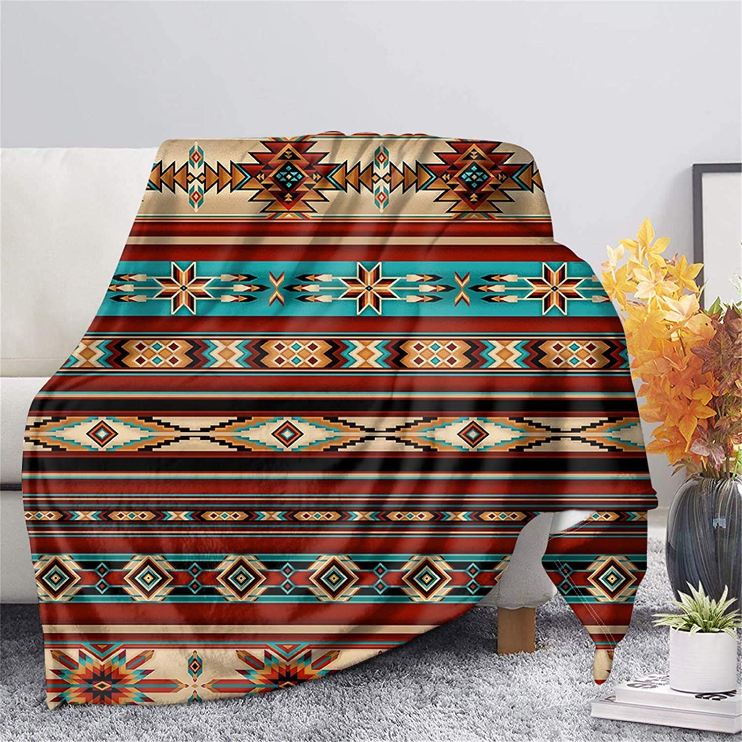 Binienty Aztec Style Flannel Fleece Throw Blanket, Ultra Soft Cozy Bed Blankets Tribal Ethnic Geometric Design, Multicolor