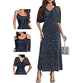 BeryLove Sequin Formal Cocktail Long Dress Evening Wedding Guest Mother of The Bride Dresses with Shawl