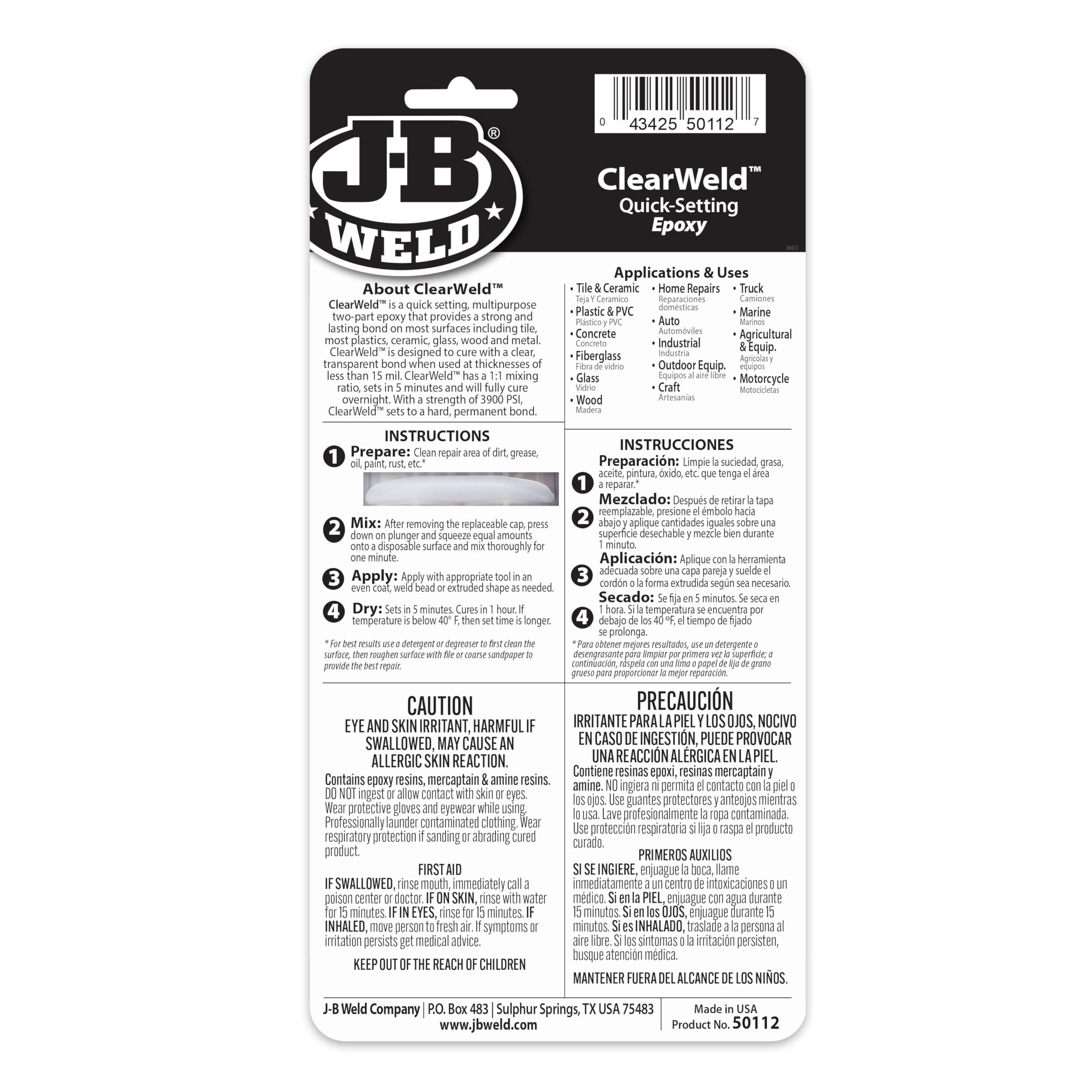 J-B Weld 50112 ClearWeld 5 Minute Set Epoxy Syringe - Clear - 25 ml, 25ml