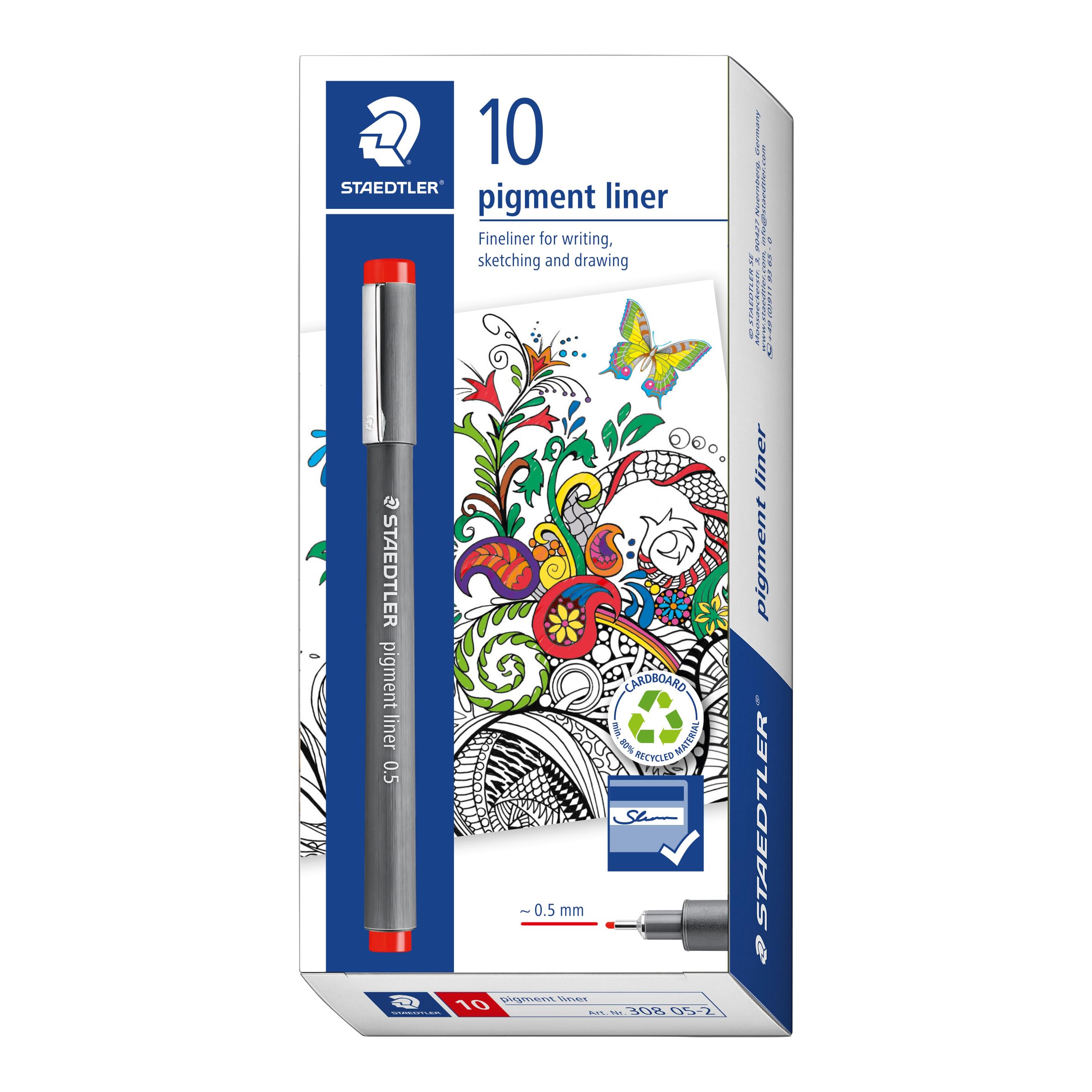 Staedtler 308 05-2 VE Pigment Liner (Fineliner with Pigment Ink, Waterproof, Lightfast, Permanent, Line Width 0.5 mm, Case with 10 Pigment Liners) Red