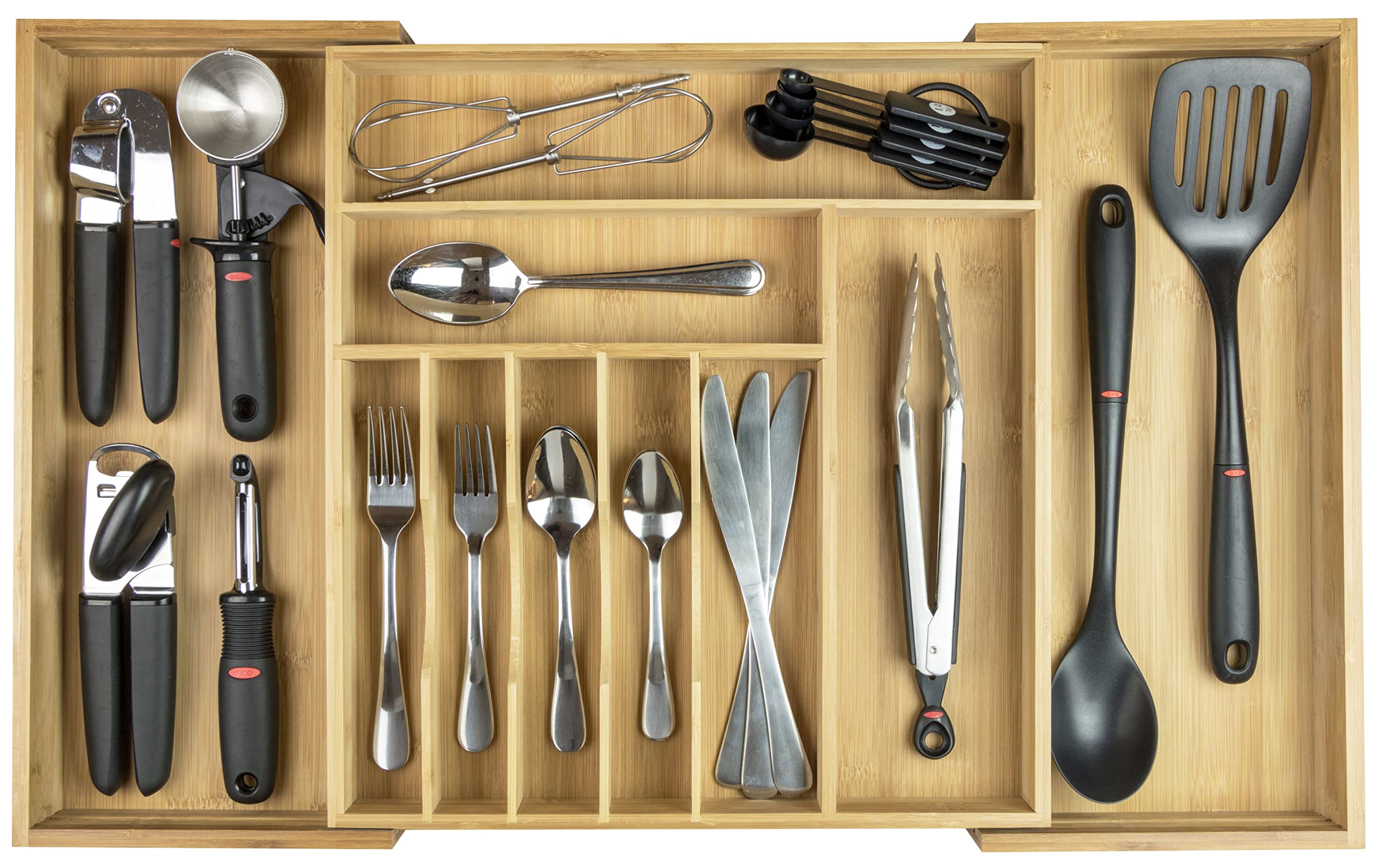 KitchenEdge Cutlery Tray and Utensil Organiser for Kitchen Drawers, Expandable to 28 Inches Wide, 10 Compartments, 100% Bamboo
