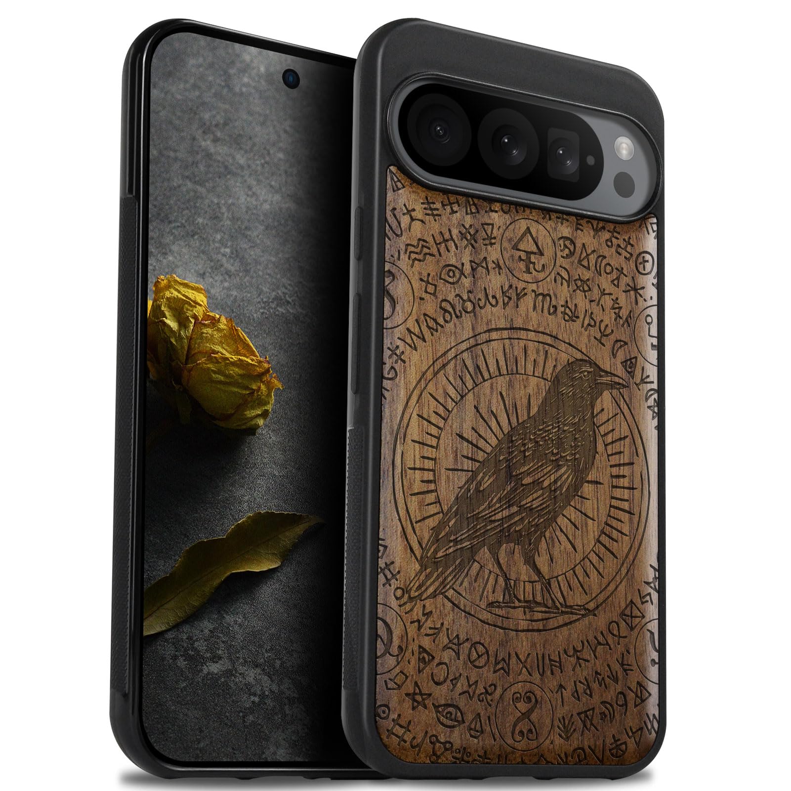 Carveit Wood Case for Pixel 9 Pro - Natural Walnut & Black TPU Shockproof Protective Cover - The Haloed Crow