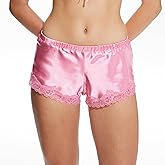 Cute and Spicy Lily Lace Trim Silk Satin Shorts for Women - Low Rise Pajama Shorts Pink French Knickers
