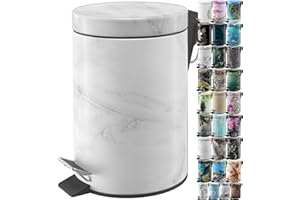 Sanilo Small Bathroom Trash Can with Lid [1.3 Gallon] - Lidded Tiny Trashcan for Garbage - Mini Metal Bin with Soft Closing Mechanism - Bath Room Accessoire Wastebin with Inner Bucket (Marble)