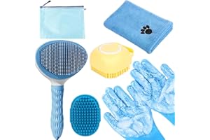 KUEIOX Bath Grooming Kit with Hair Brush, Towel & Scrubber Gloves - 6-in-1 Slicker Brush for Shedding Dogs & Cats, Blue