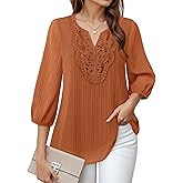 VALOLIA Women's Casual 3/4 Sleeve Chiffon Blouses V Neck Layered Embroidery Tunic Shirts