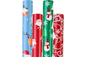 CHERUBFUNZ Christmas Wrapping Paper (4 Rolls: 93 sq. ft. ttl) Santa Claus Carrying Gifts, Pine Tree, Snowflakes Snowman Penguin Reindeer - Christmas Elements Collection - 17 inches x 16.5 feet Per Roll