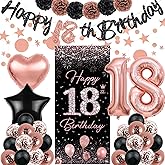 TSVATE Rose Gold 18th Birthday Decorations - Happy Birthday Banner, Backdrop, Balloons, Pompoms & Star Streamers