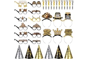 CIEOVO 2026 New Years Eve Party Decorations Including New Years Cone Hats Tiaras, Eyeglasses, Fringed Noisemaker Squawkers for New Year Party Photo Props Supplies Decorations