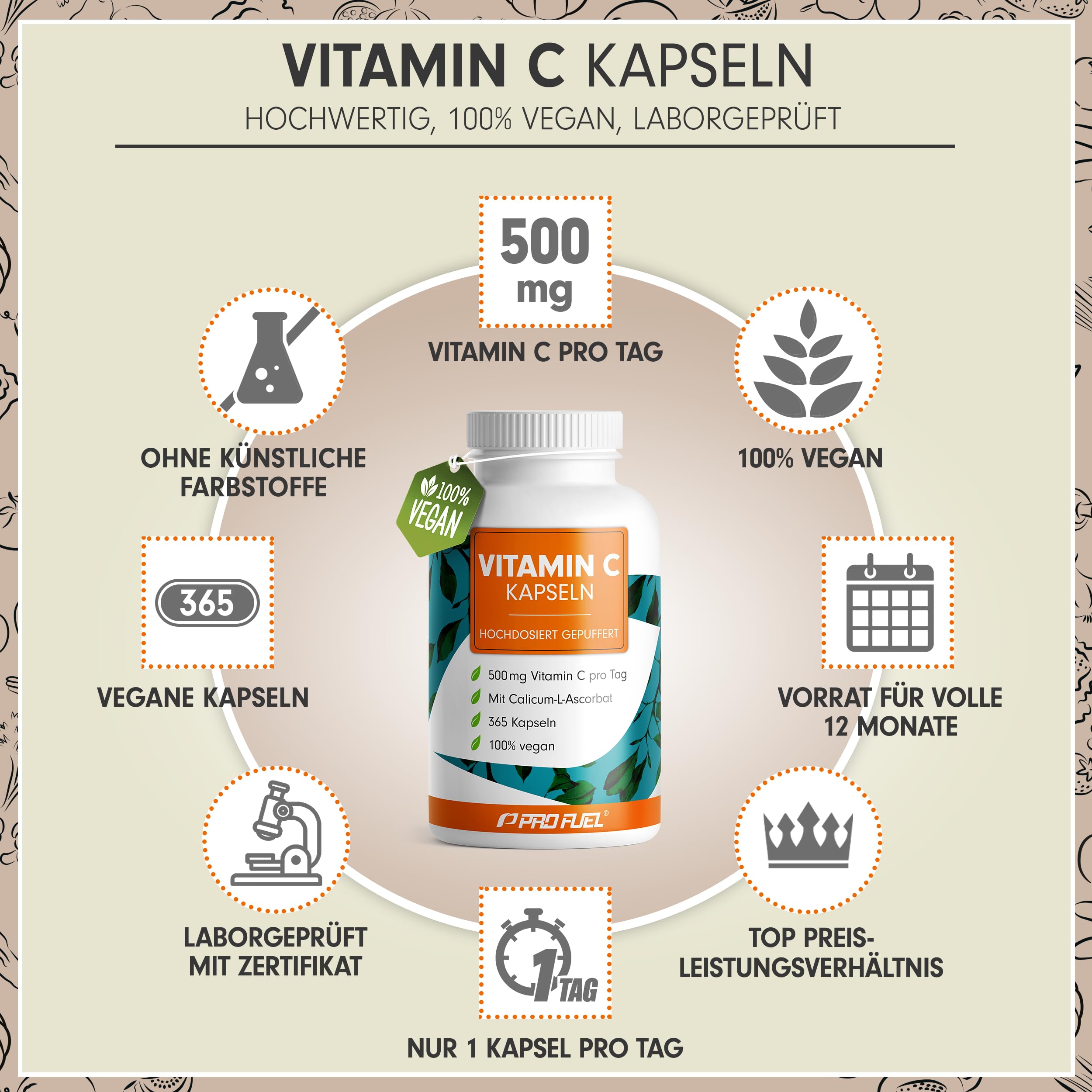 Vitamin C Kapseln 365x mit 500 mg Vitamin C gepuffert - hochwertiges Calcium-Ascorbat - zur täglichen Einnahme - laborgeprüft mit Zertifikat - 100% vegan - Jahresvorrat 2