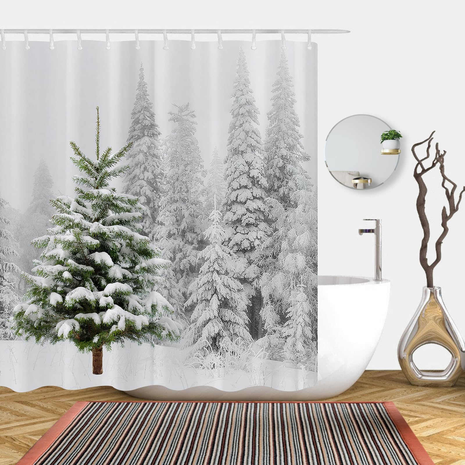 Abaysto Christmas Shower Curtain Set Natural Winter Forest Snowflake Snowfall Bathroom Curtain Durable Waterproof Fabric Bathtub Sets Home Decor with 12 Hooks 150X180 CM