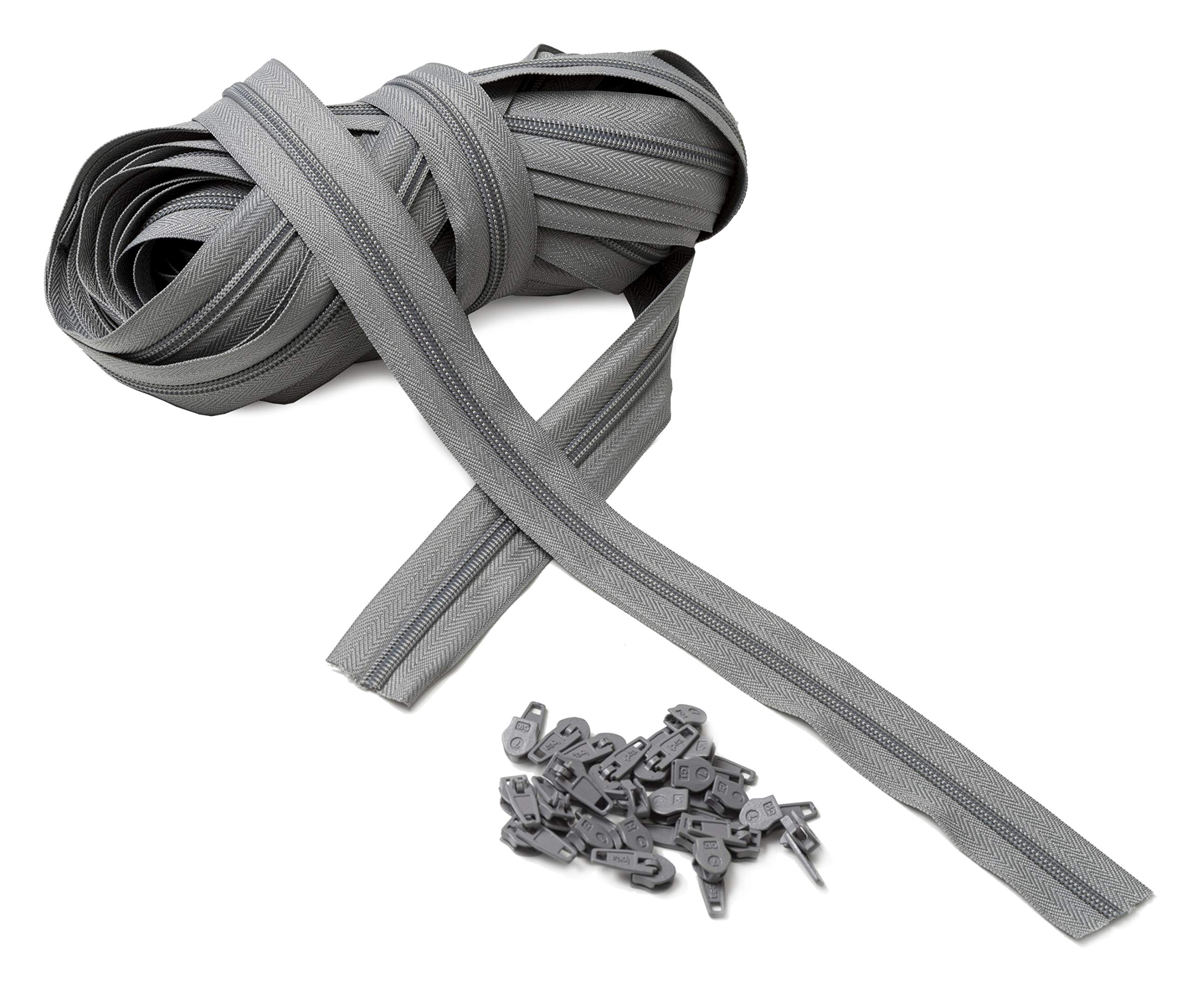 IPEA Zipper Size 5# Continuous Chain - 10 Metres - Nylon Zippers Per Metre + 25 Sliders Included - Zip - Cuttable for Sewing, 3 Colours to Choose, Grey, 30mm Wide