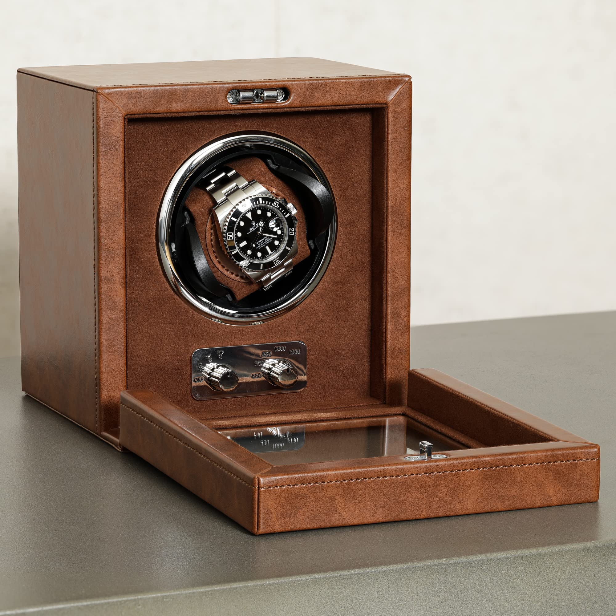 ROTHWELL Single Watch Winder for Automatic Watches with Quiet Motor with Multiple Speeds and Rotation Settings (Tan/Brown)