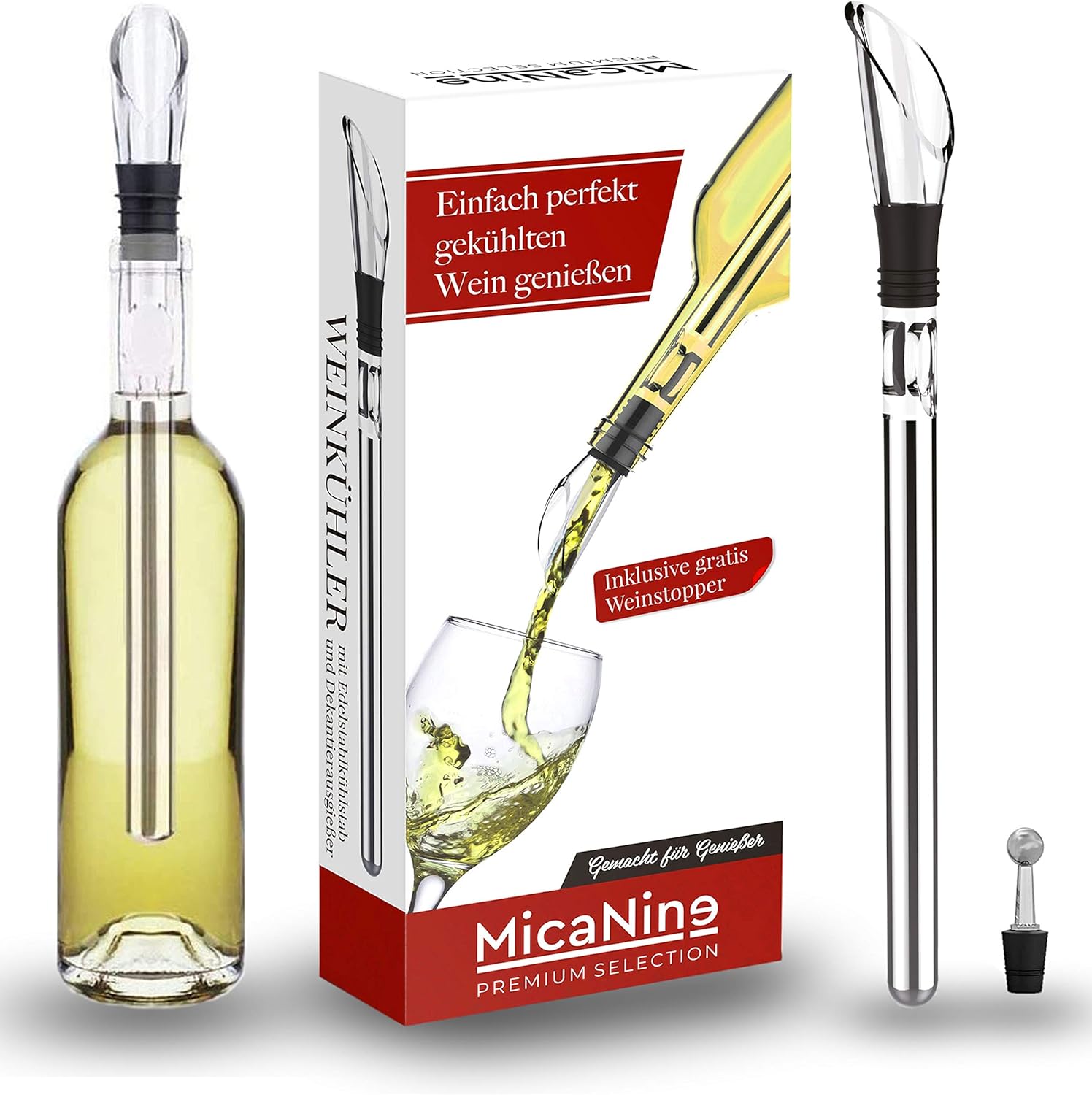 micanine Weinkühler & Sektkühler Set aus Edelstahl mit elegantem Dekantier Ausgießer, Flaschenkühler, Wein Kühlstab, Dekanter, Geschenkset Frauen Männer für Rotwein & Weißwein