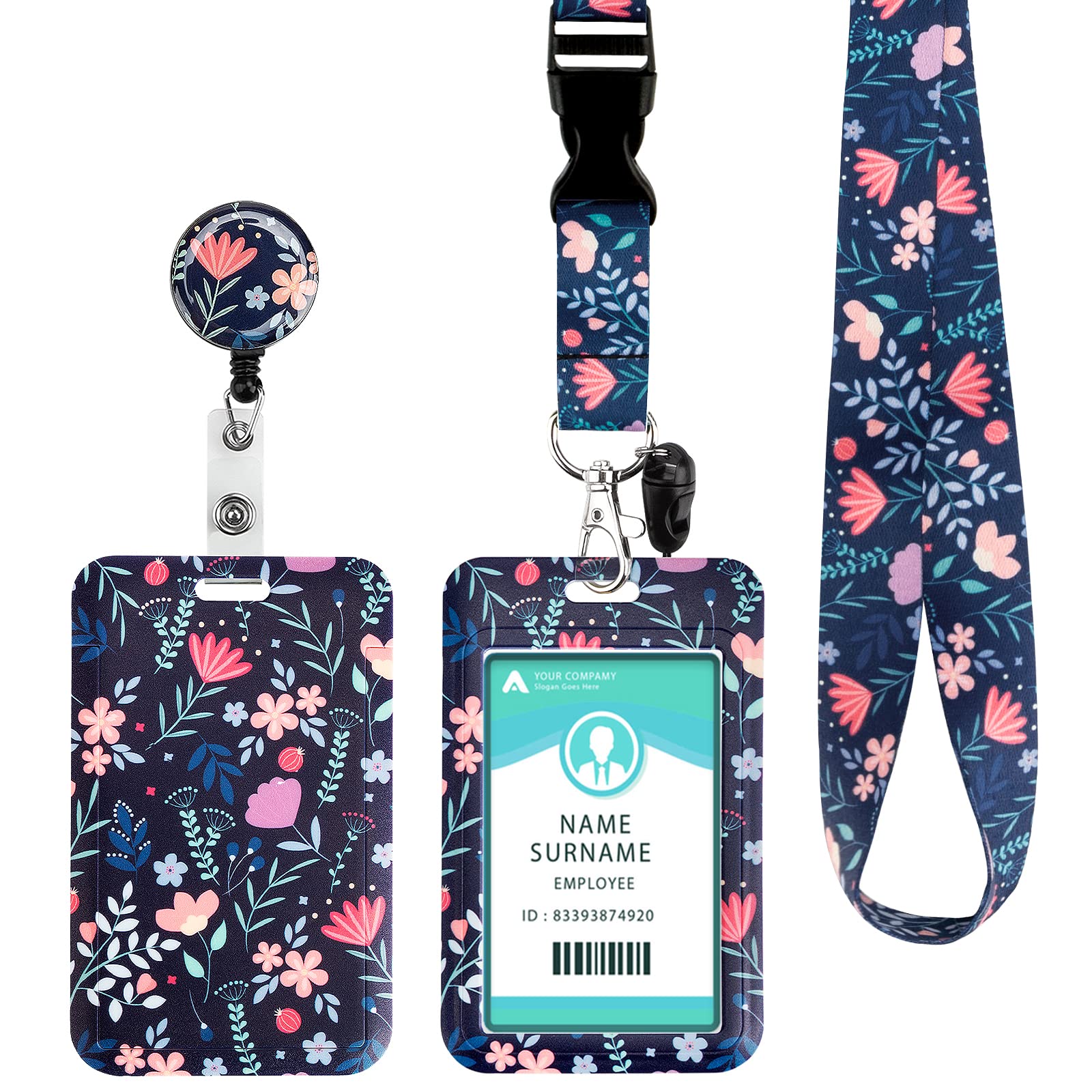 Lanyard with Card Holder, Adjustable Retractable Lanyards ID Badge Holder, for ID Card, Office, School(Pink Blue Flower) — image 1