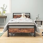 HOJINLINERO Metal Twin Size Bed Frame with Wood Headboard,Platform Bed Frame Twin,Bed Base Steel Slats,No Box Spring Needed,Black and Rustic Brown