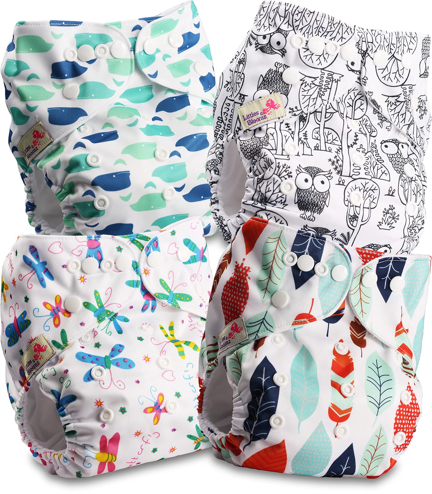 Littles and Bloomz Baby Reusable Pocket Nappy Cloth Diaper, Standard Popper, 4 Nappies, FLP2-0409