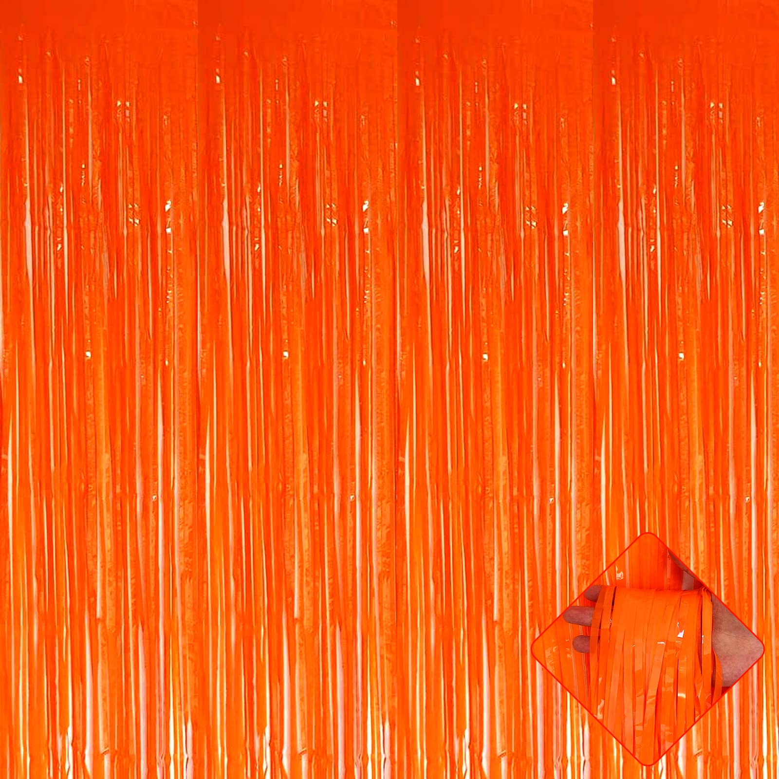 Photo 1 of 4 Pack 3.2Ft x 8.2Ft Orange Foil Fringe Curtain Backdrop, Metallic Tinsel Foil Fringe Streamers Curtains Background for Photo Booth, Birthday, Wedding, Halloween, Christmas Party Decoration