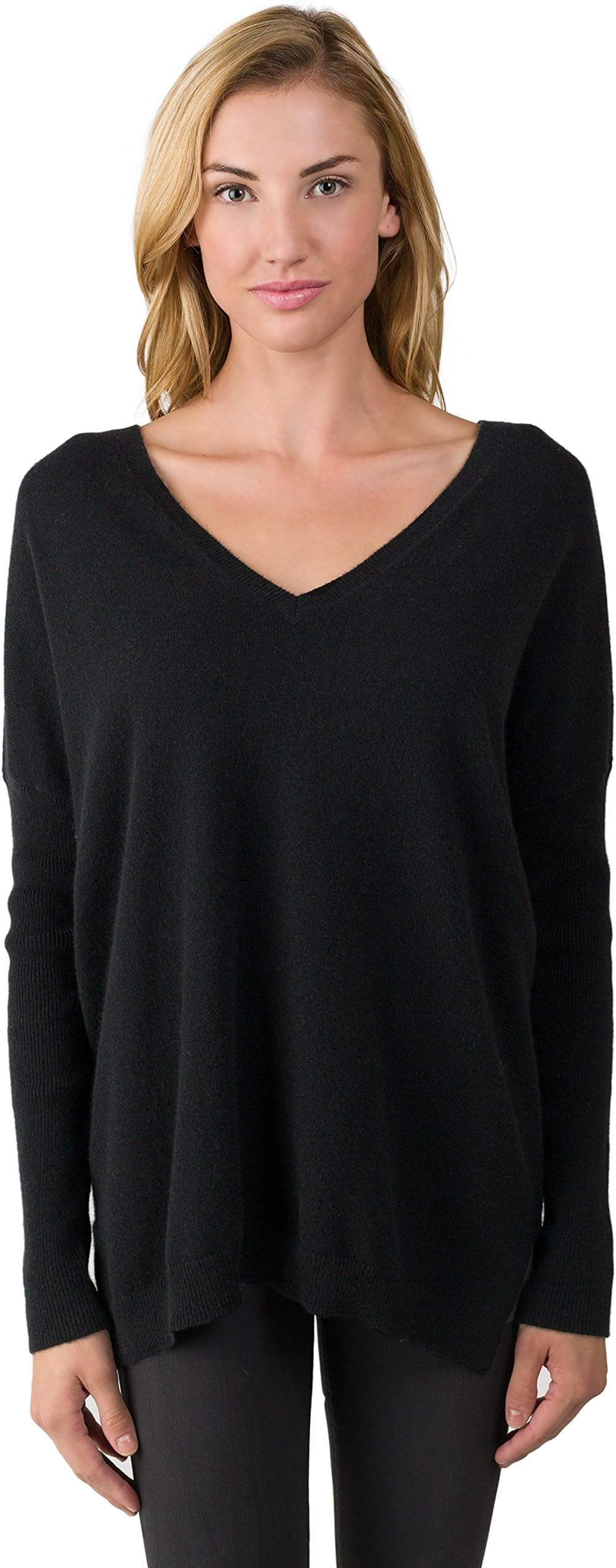Women's 100% Cashmere Slouchy Dolman Sleeve Double V Neck Sweater