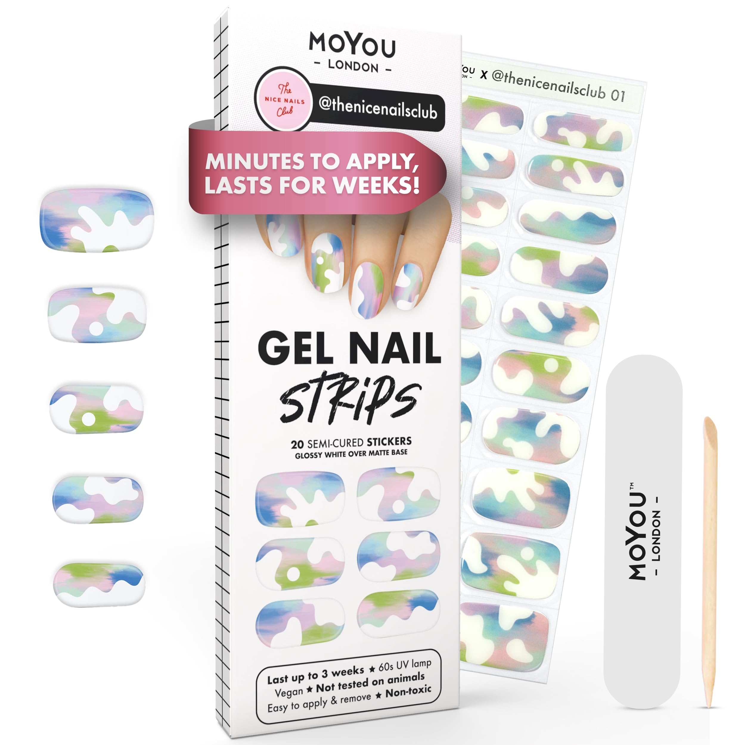 MOYOU LONDON Semi Cured Gel Nail Strips - 20 Pcs. Waterproof Gel Nail Wraps, Cures in Sunlight or UV/LED Lamp, Lasts Up to 2+ Weeks, Stretchable, Easy to Apply & Remove, Vegan & Cruelty-Free