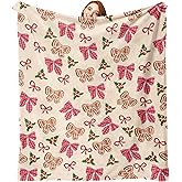 Zzkol Pink Christmas Bow Flannel Throw Blanket, Xmas Coquette Ribbon Holly Berries Preppy Birthday Gifts for Kids Men Women, Winter Holiday Soft Blankets for Bedding Sofa 50 x 60 Inches