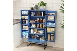 HOLTICO 46.5'' Accent Wood Grain Kitchen Pantry with Doors, Storage Cabinet with Adjustable Shelves, Food Pantry Cabinet for Kitchen, Dining Room, Living Room and Garage, Metal Legs,Blue